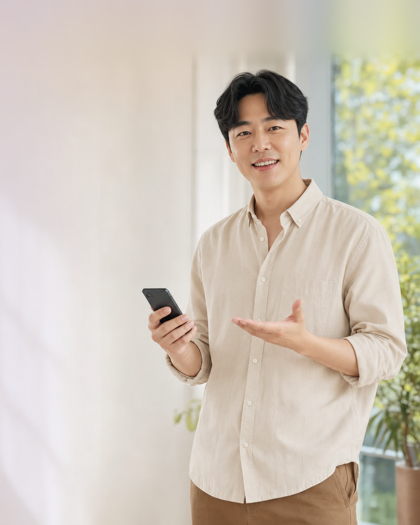 다음머니 카드할부대출 휴대폰을 들고 손짓으로 설명하는 고객